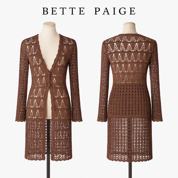 VTG Bette Paige,Crochet Long Duster in Walnut, Cardigan,Boho,Rare, EUC, Size L - Picture 4 of 14